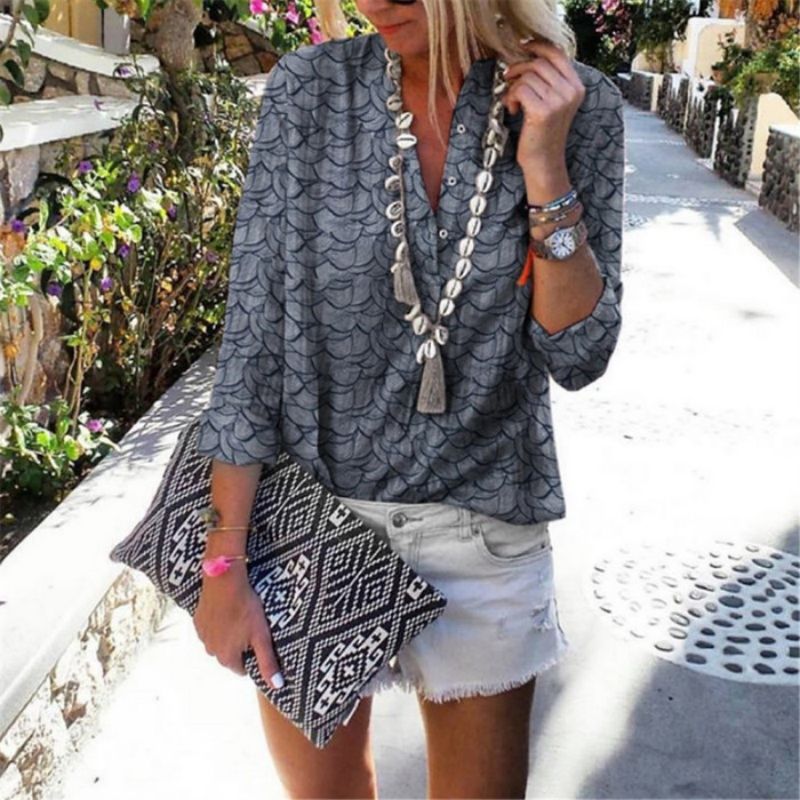 Bohemian V-neck Printed Blouse