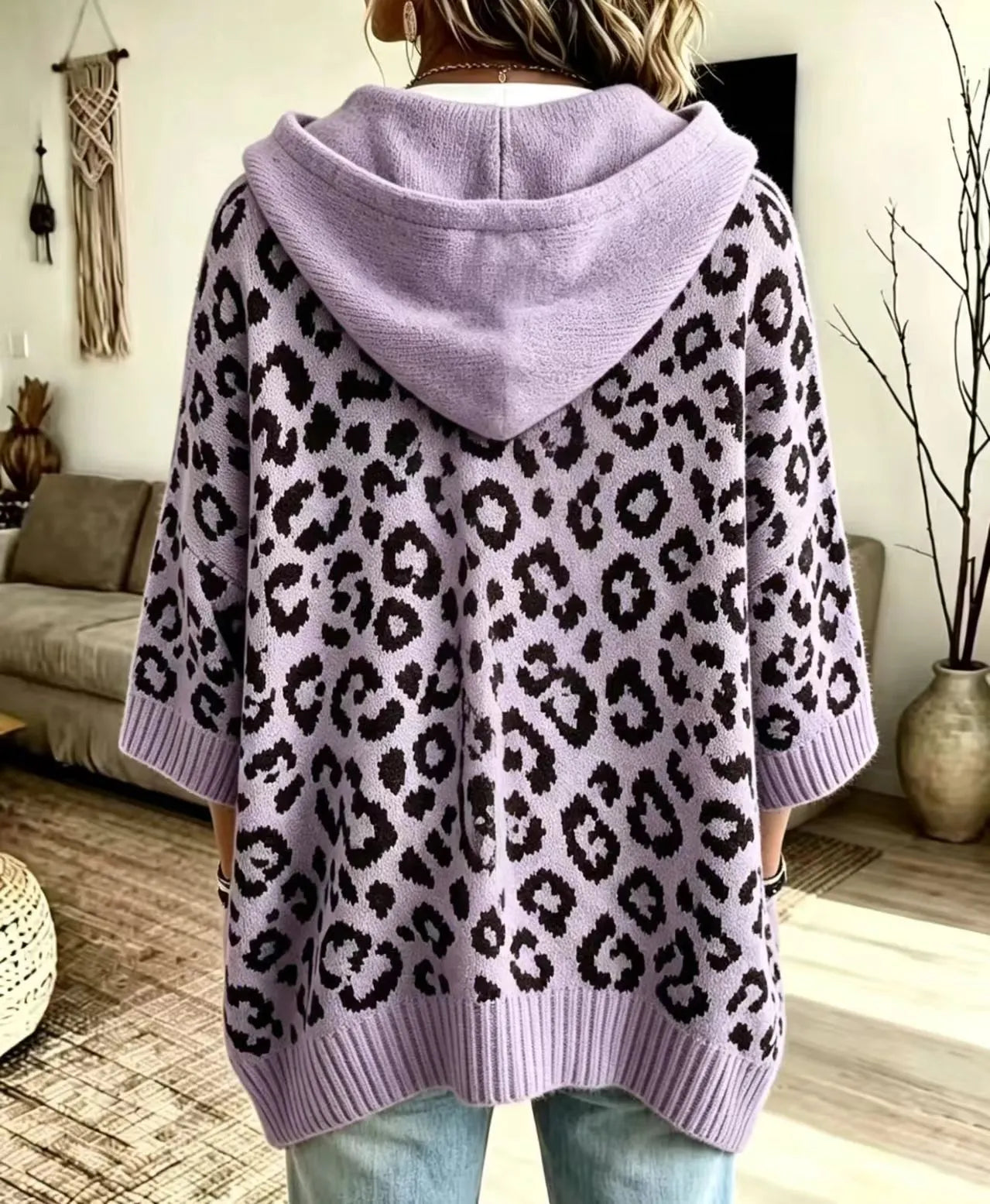 Comfortable And Casual Leopard-print Knitted Hoodie