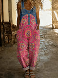 Pink Bohemian Rug Print Denim Overalls