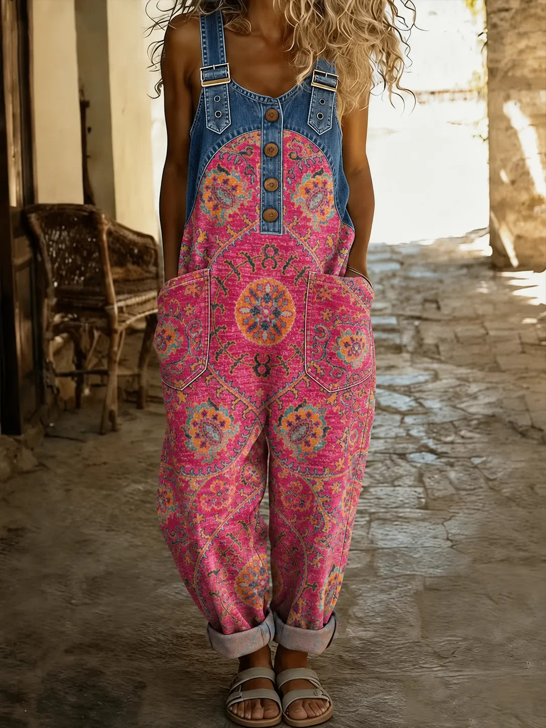 Pink Bohemian Rug Print Denim Overalls