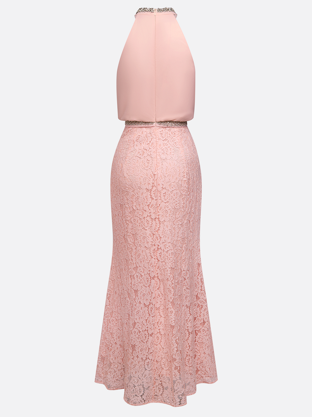 Pink Cotton Rhinestone Ruched Lace Halter Crew Neck Sleeveless Mermaid Floor-length Gown Dress