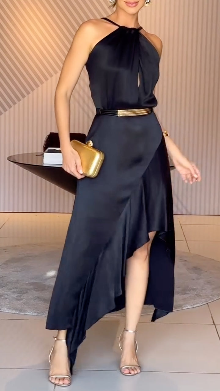 Black Satin Halter Neck Midi Dress+Accessory (Belt)
