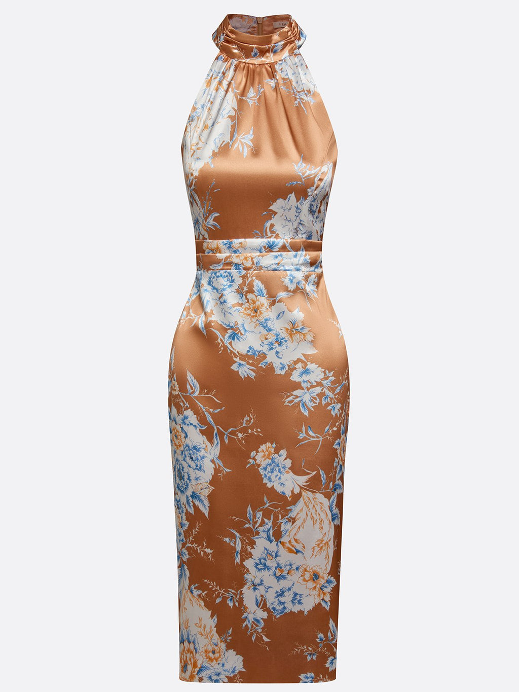 Brown Floral Satin Halter Sleeveless Sheath Midi Dress