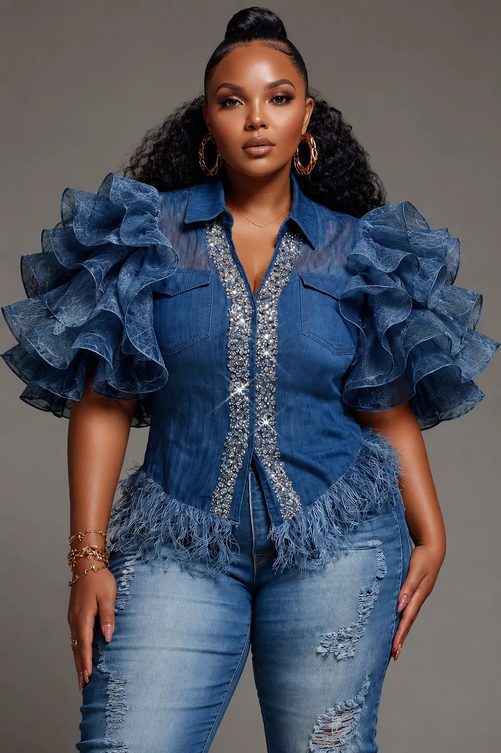 Denim Rhinestone Fringe Tops