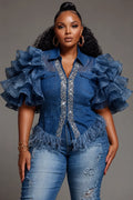 Denim Rhinestone Fringe Tops