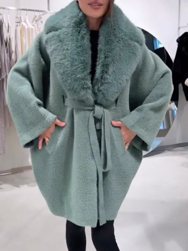 Faux Fur Collar Belted Long Coat