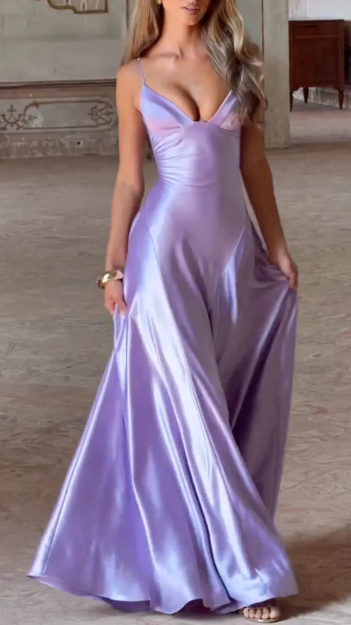 Lavender Satin V‑Neck Slip Maxi Gown