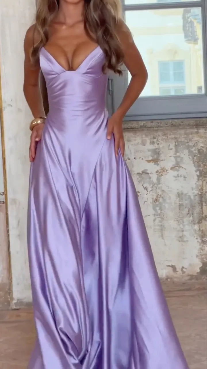 Lavender Satin V‑Neck Slip Maxi Gown