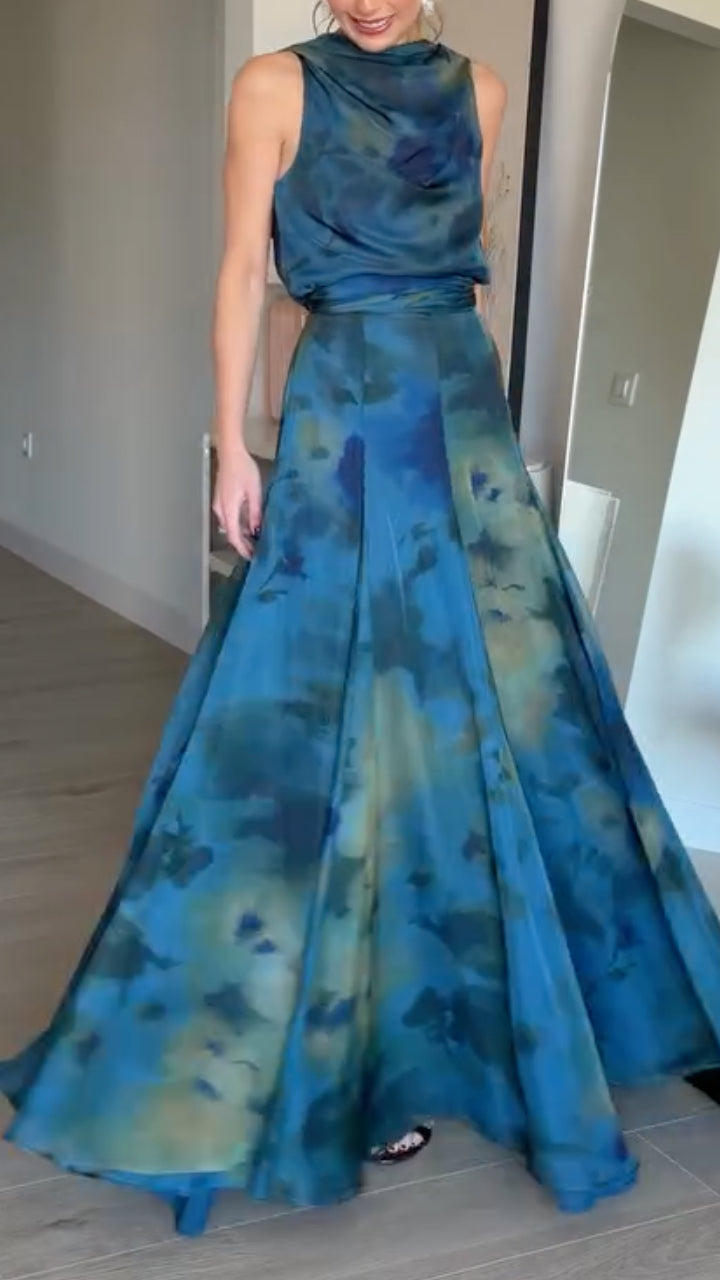 Teal Blue Watercolor Print Asymmetrical Maxi Dressxi DressMaxi Dress