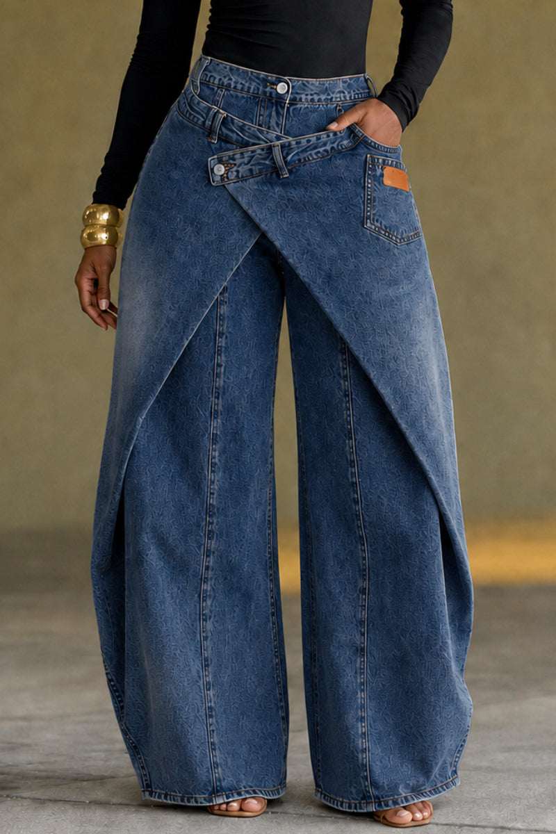 Wrap Skirt‑Effect Wide Leg Denim Pants