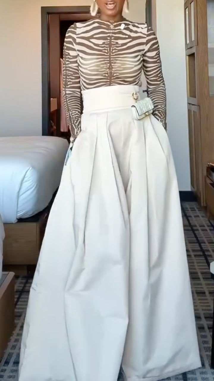 Zebra Print Mesh Top And White Wide Leg Pants Set