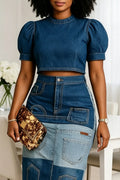 Women's Fashion Denim Top & Patchwork Design Skirt