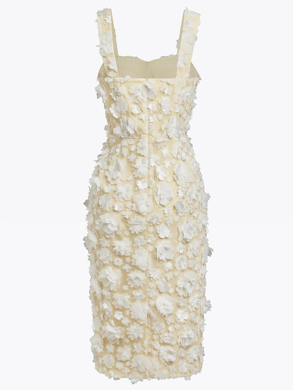 White 3D Floral Classic Square Neck Sleeveless Sheath Midi Dress