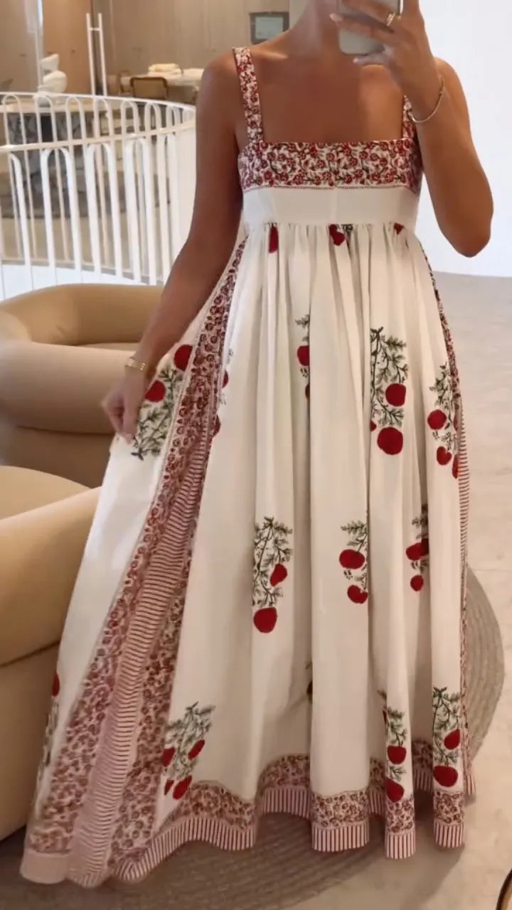 Women's Vacation-Style Floral Print Square-Neck Spaghetti Strap Maxi Dress