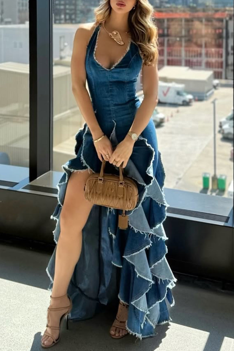 Women Neck Hanging Patchwork Irregular Elegant Temperament Denim Dress