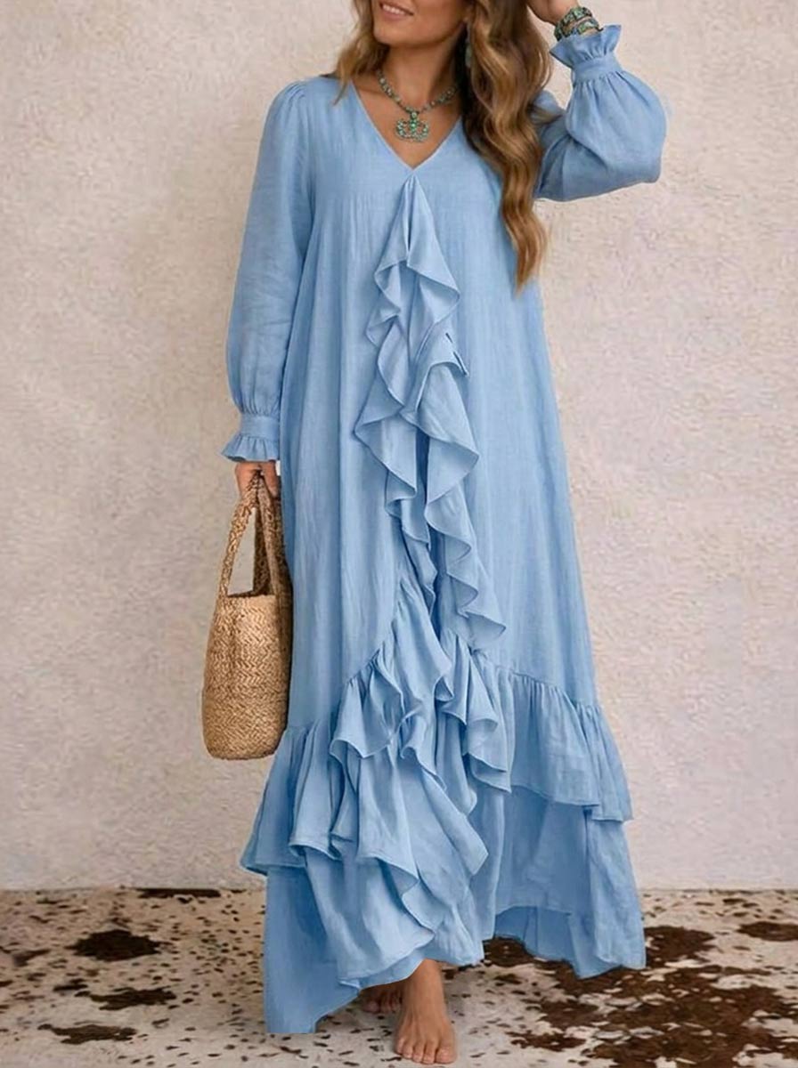 Light Blue Boho Cascade Ruffle Maxi Dres