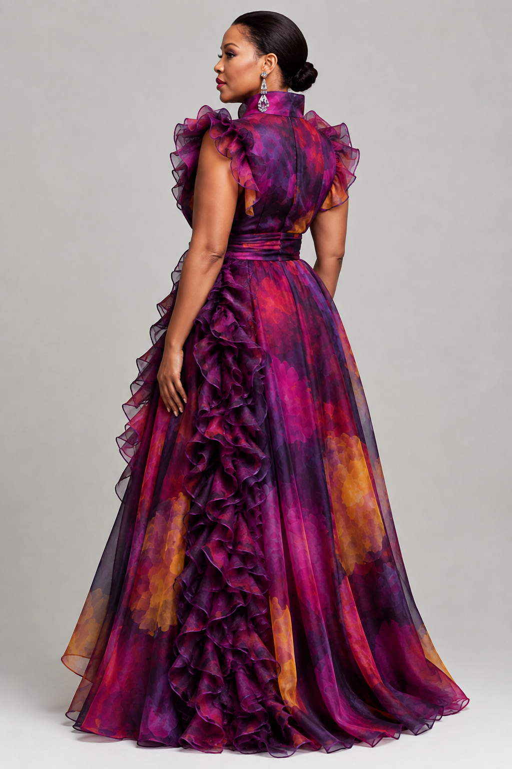 Purple Floral Print Ruffled Gown