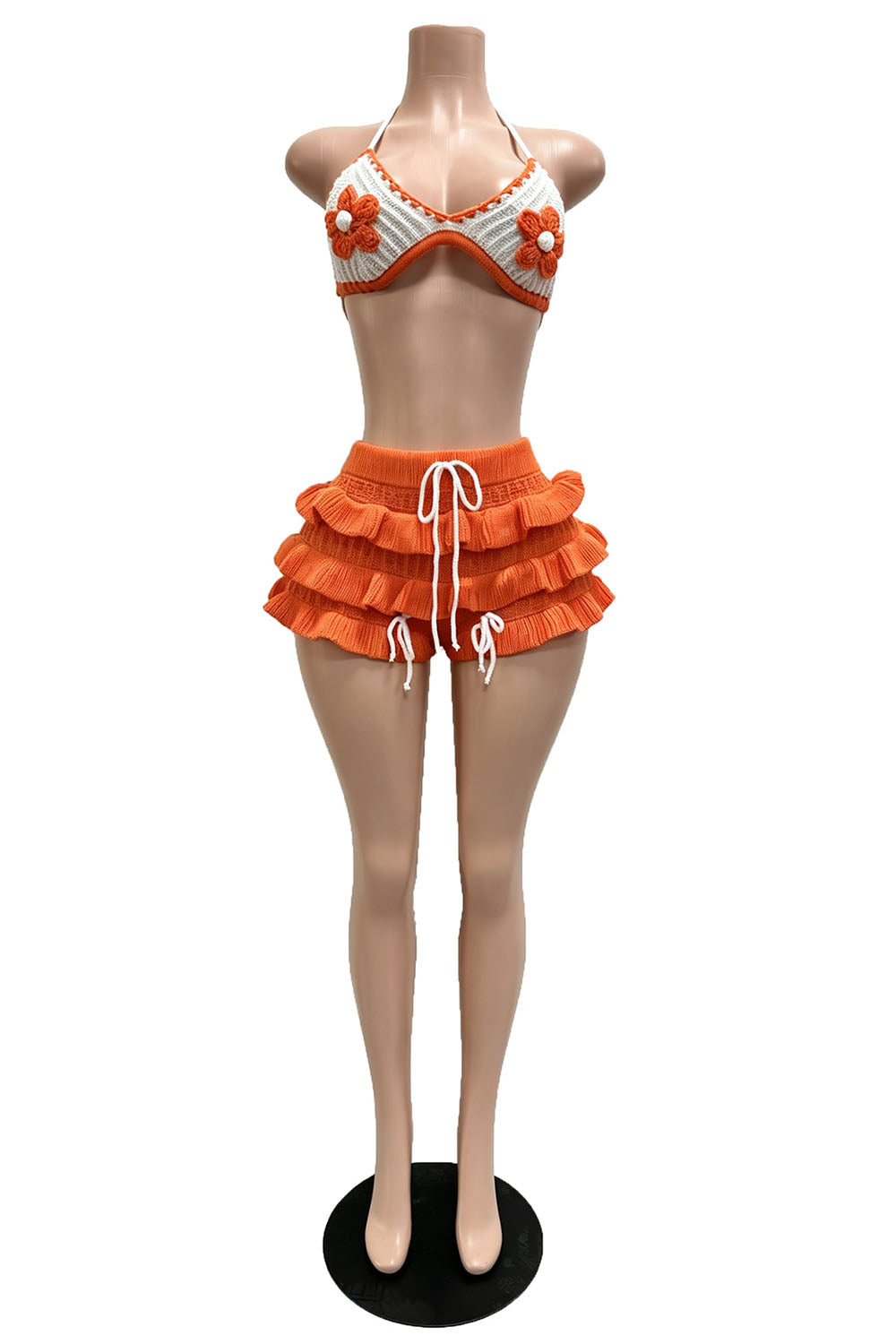 Crochet Halter 3D Floral Decor Top Ruffle Trim Shorts Beach 2pcs Set-Orange