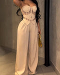 Strapless Mesh Cutout Corset Wide-Leg Jumpsuit