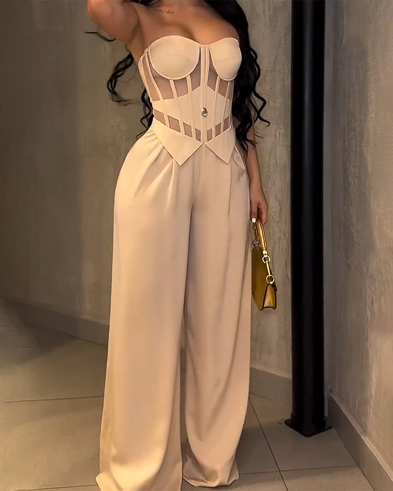 Strapless Mesh Cutout Corset Wide-Leg Jumpsuit