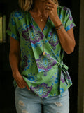 Women's Vintage Ethnic Floral Print Casual Cross-over Tie Neck Top