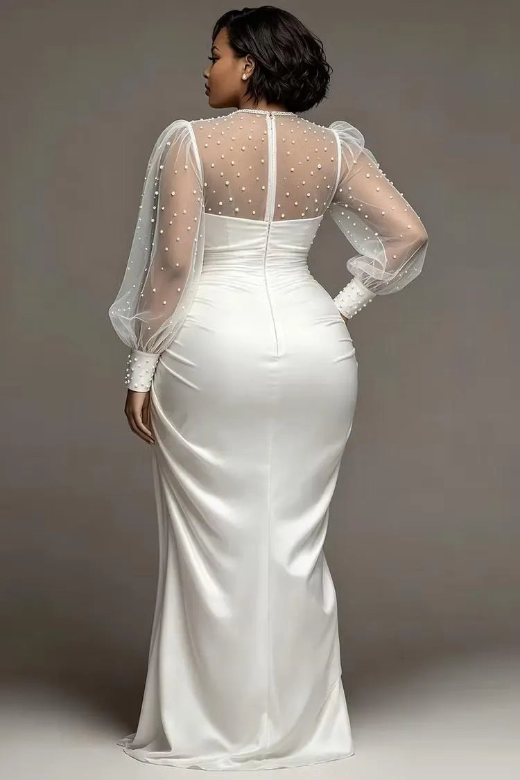 Pearl Beaded Satin Mermaid Evening Gown