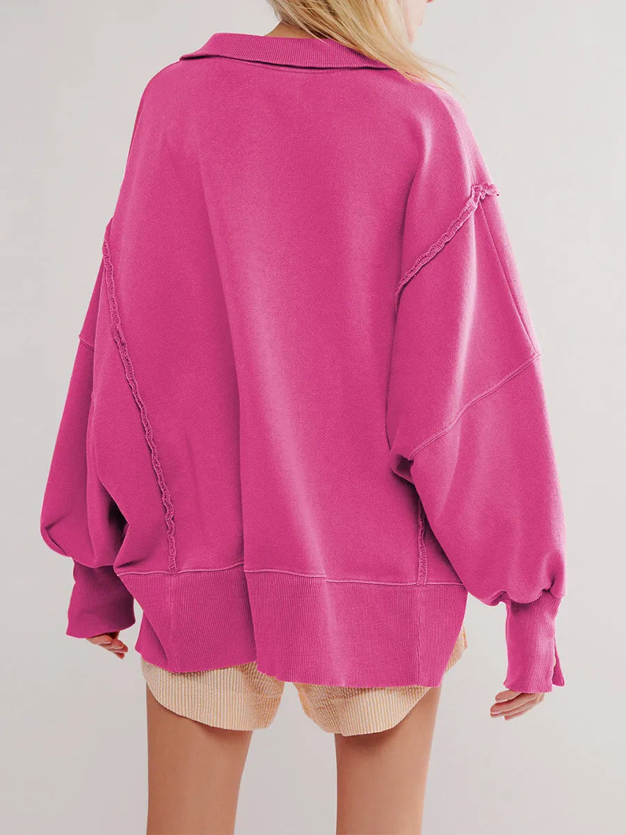 Casual Oversized Raw-edge Cotton Henley Sweatshirt