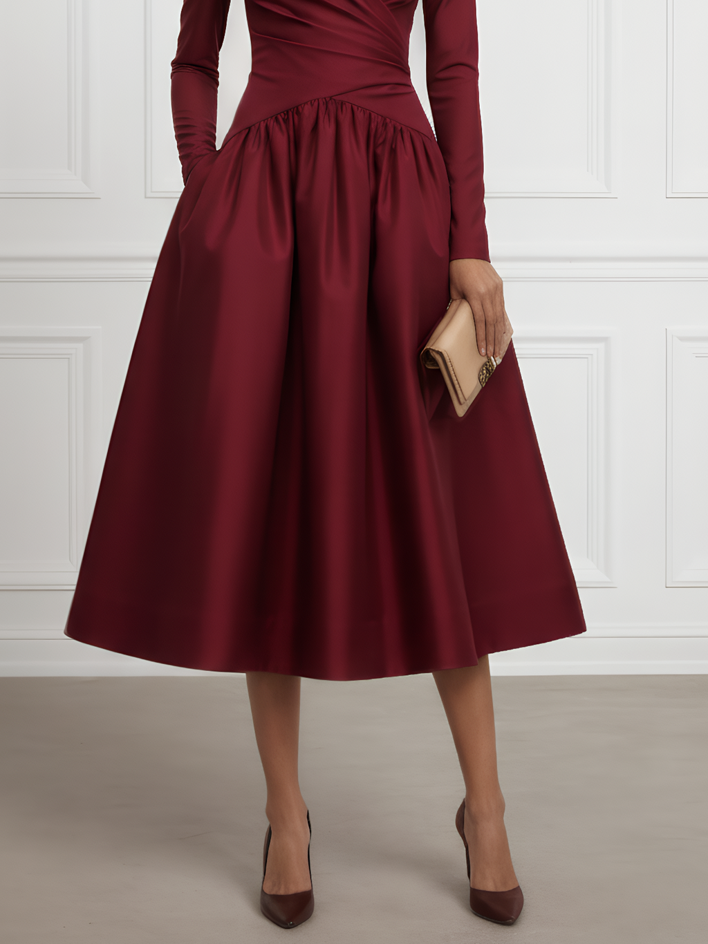 Burgundy Ruched Satin V Neck Long Sleeve A-Line Midi Dress