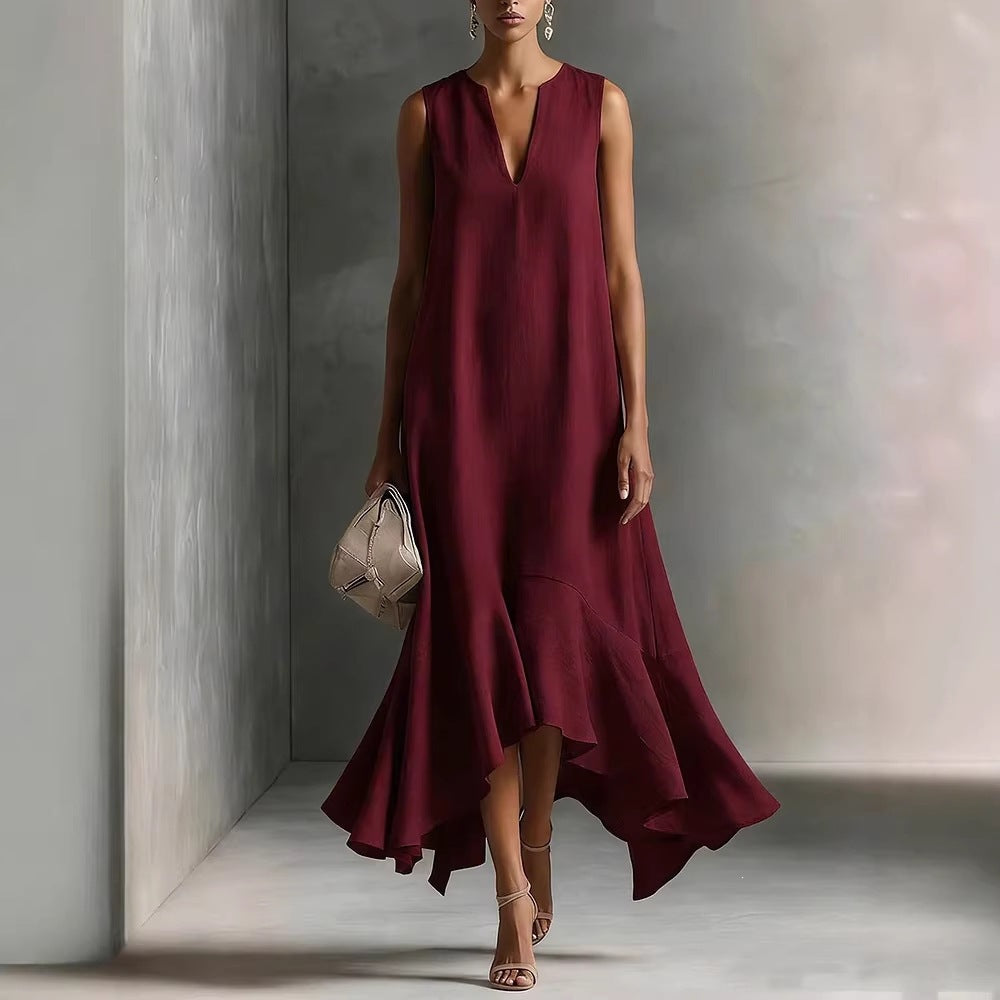 Sleeveless V-Neck Linen Midi Dress with Ruffled Hem