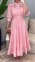 Women Round Neck Lace Hollow Splicing Elegant Temperament Dress