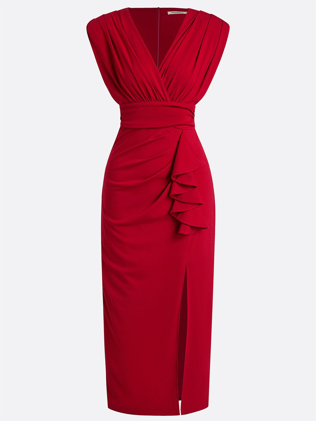 Red Ruffled Knit V Neck Sleeveless Sheath Maxi Dress