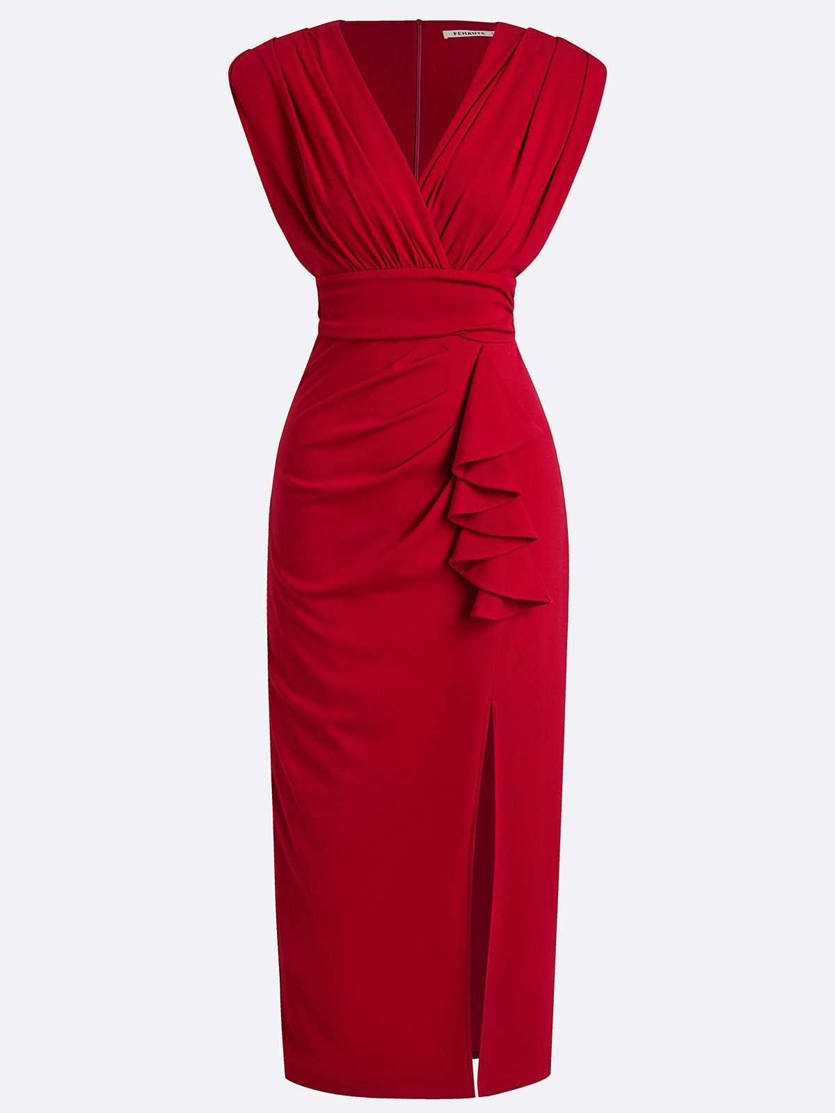 Red Ruffled Knit V Neck Sleeveless Sheath Maxi Dress