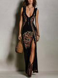 Embroidered Cotton Maxi Dress With Deep V-Neck And High Slit For Boho Chic Style