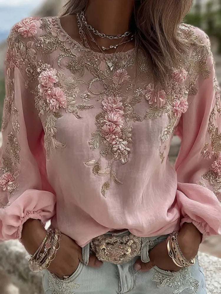 Women's Vintage Pink Rose Embroidery Art Round Neck Long Sleeve Linen Blend T-shirt