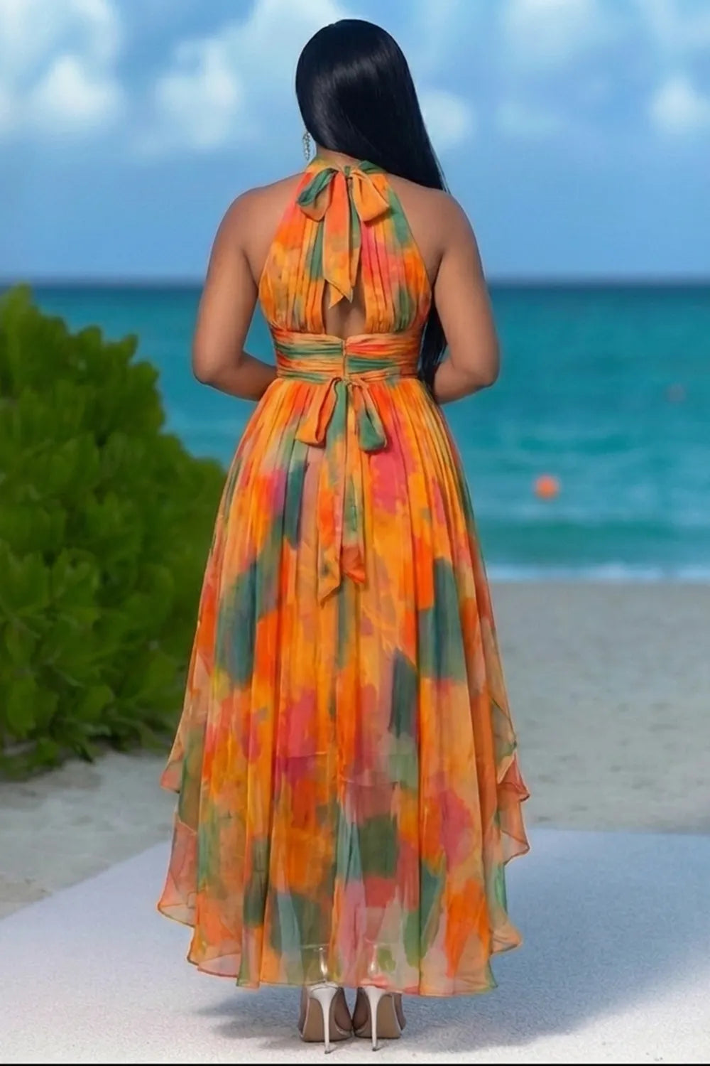 Halter Sleeveless Cut Out Ruffle Vacation Maxi Dresses-Orange