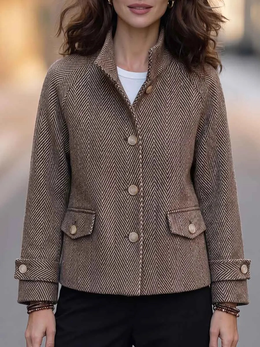 Women's Herringbone Stand Collar Long-sleeved Casual Loose Cardigan Jacket