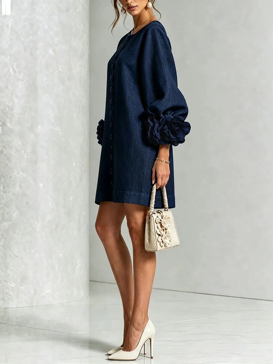 Women's 3D Floral Cuff Balloon Sleeve Mini Dress, Front Floral Button Cotton Linen Blend Shift Dress