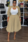 Khaki Gold Stud Collar Shrug & Bubble Midi Skirt Matching Set
