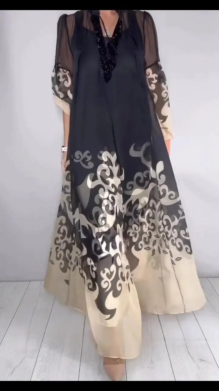 Printed Sheer Chiffon Two Piece Maxi Dress