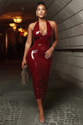 Halter Deep V Neck Backless PU Leather Bodycon Maxi Dresses-Red