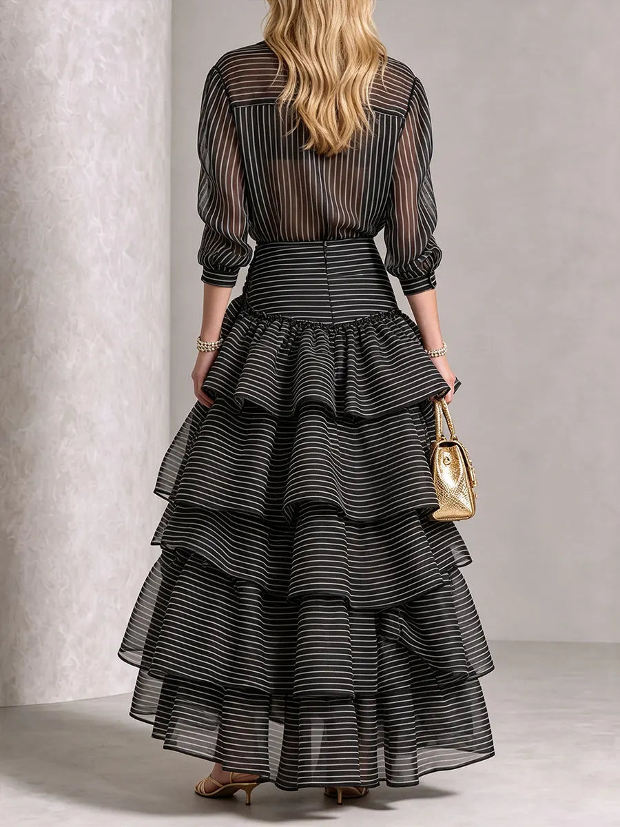 Chic Striped Sheer Shirt & Ruffled High-Low Maxi Skirt Set