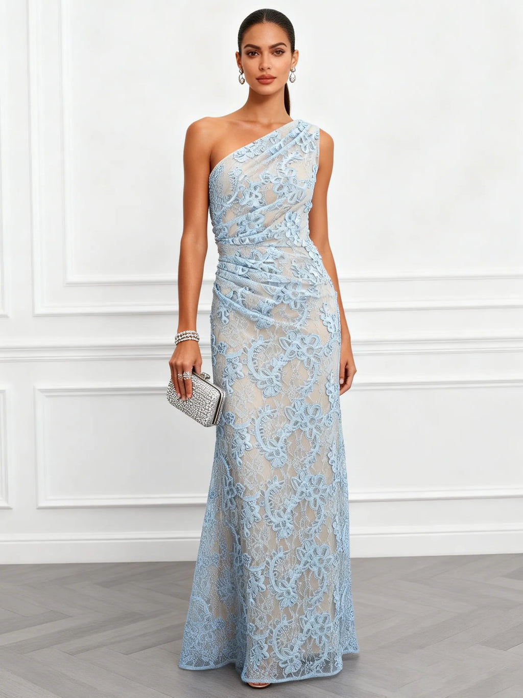 Light Blue Lace Jacquard One Shoulder Sleeveless Mermaid Floor-length Gown Dress