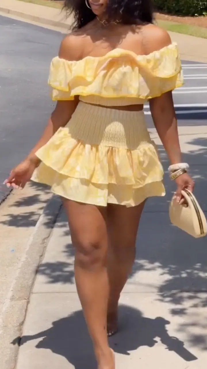 Floral Ruffle Off‑Shoulder Two‑Piece Skort Set