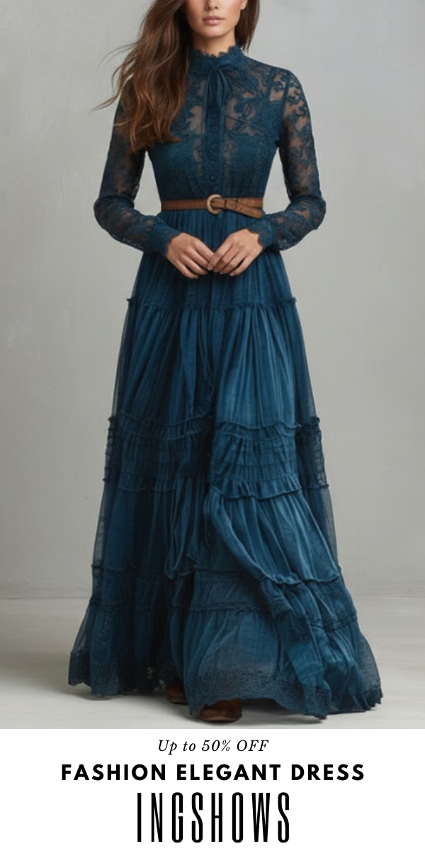Retro V-neck Lace Linen Women's Long-sleeved Long Skirt Pastoral Style Linen Dress