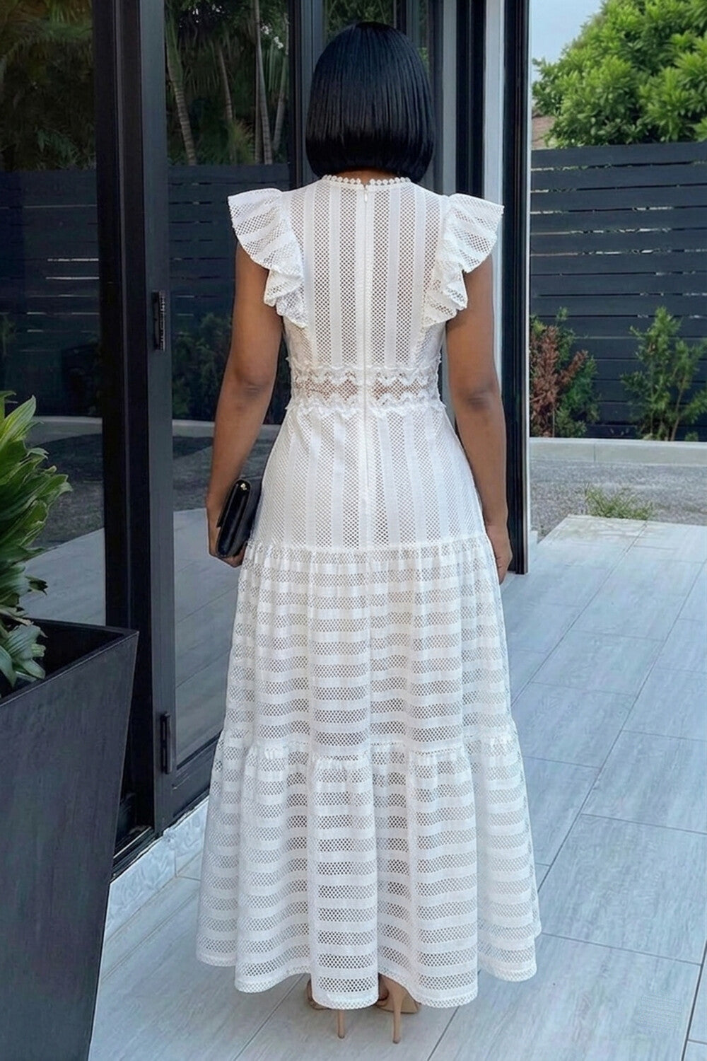 Round Neck Ruffle Trim Mesh Patchwork Casual Maxi Dresses-White