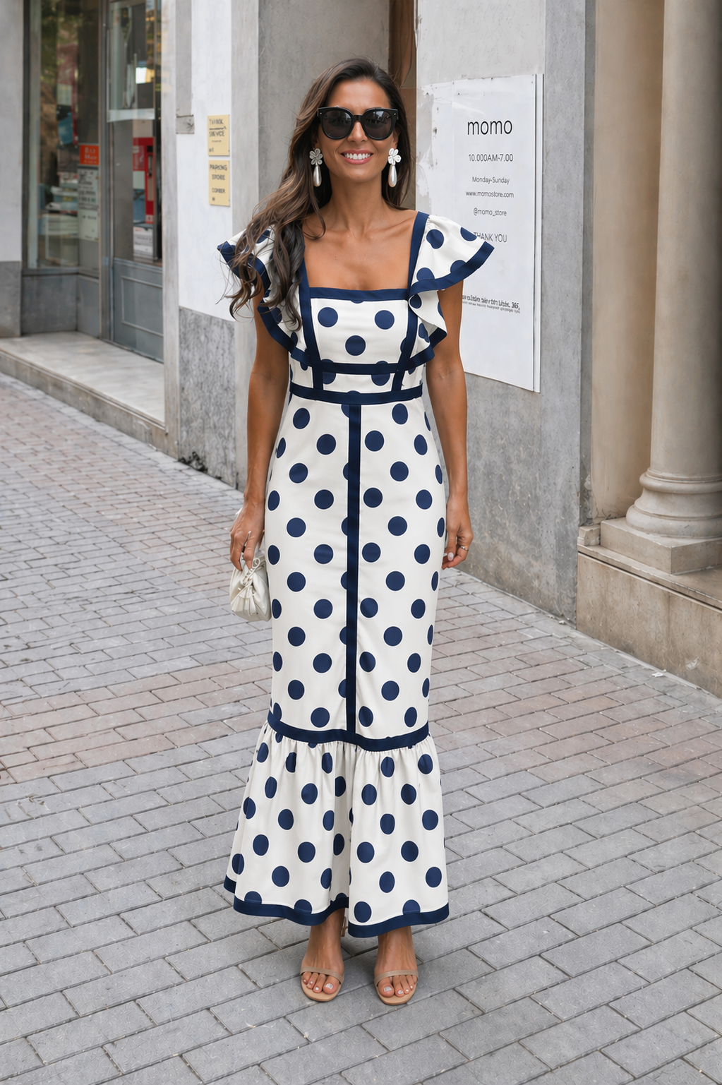 Navy Polka Dot Ruffle Square Neck Midi Dress
