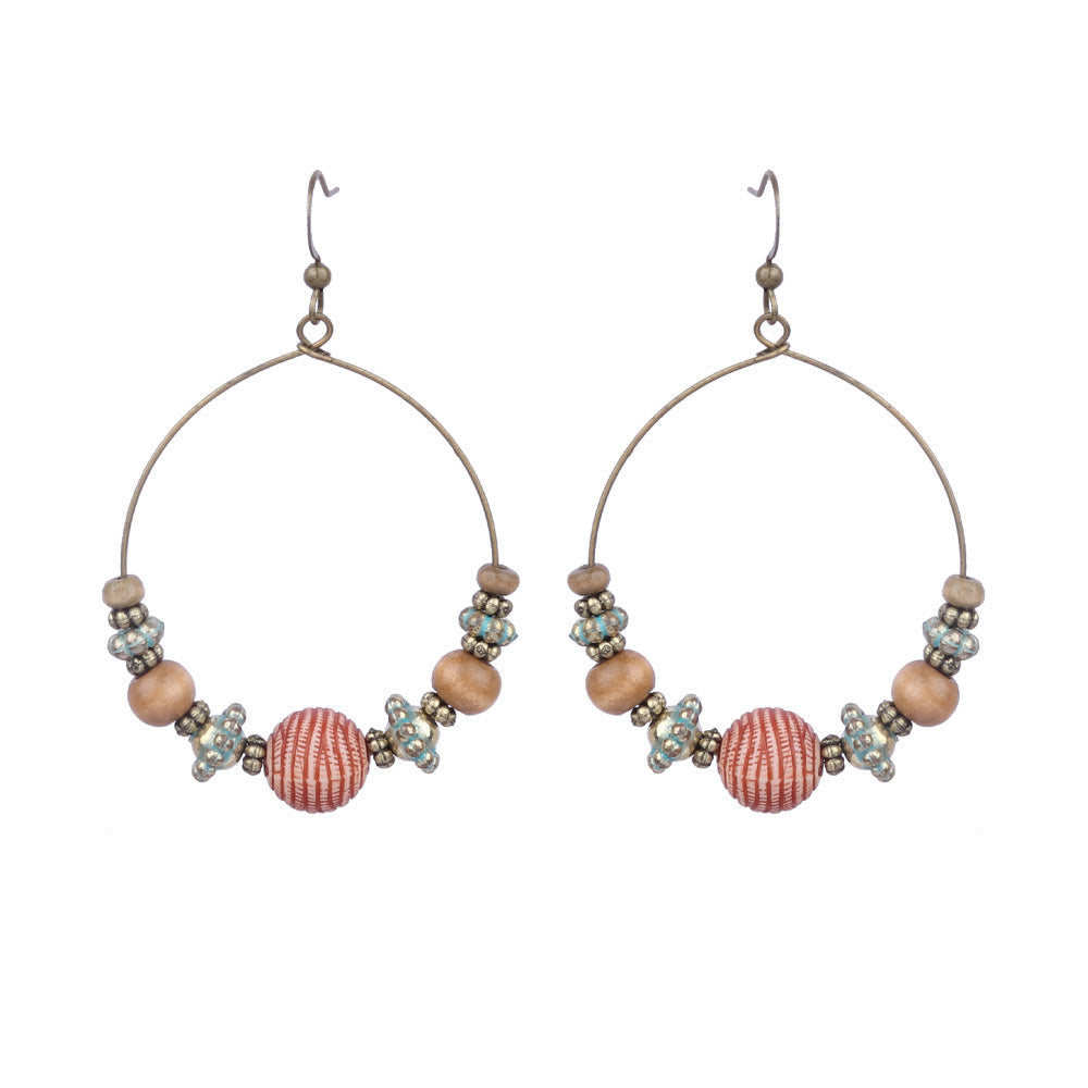 Women's Bohemian Retro Geometric Round Wooden Bead Earrings