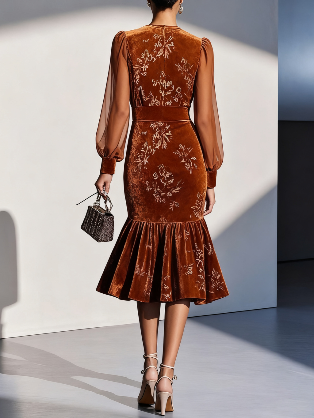 Caramel Brown Mesh Jacquard Velvet Crew Neck Long Sleeve Balloon Sleeve Mermaid Midi Dress