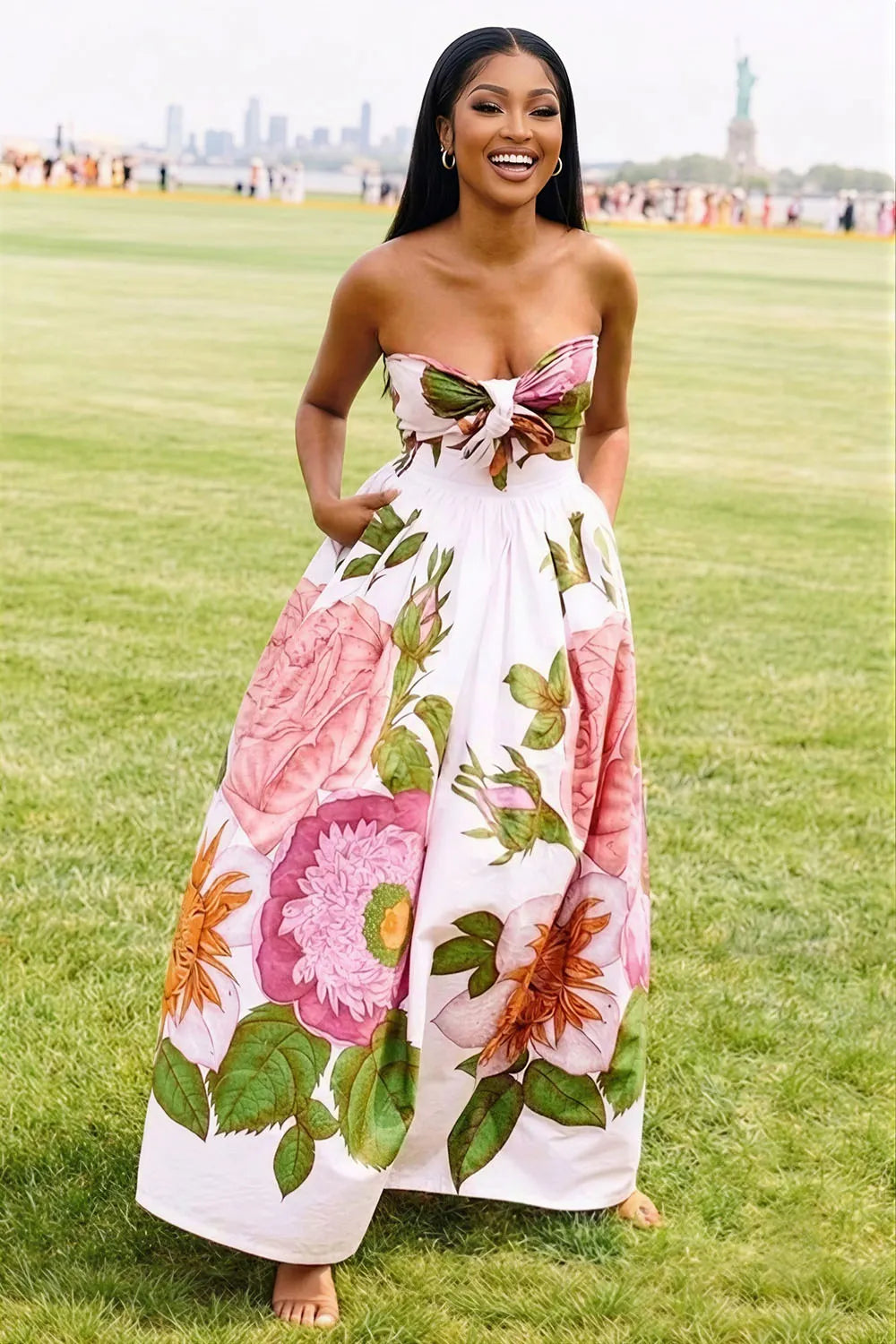 Strapless Large Floral Print Bowknot Vacation Maxi Dresses-White [Pre Order]