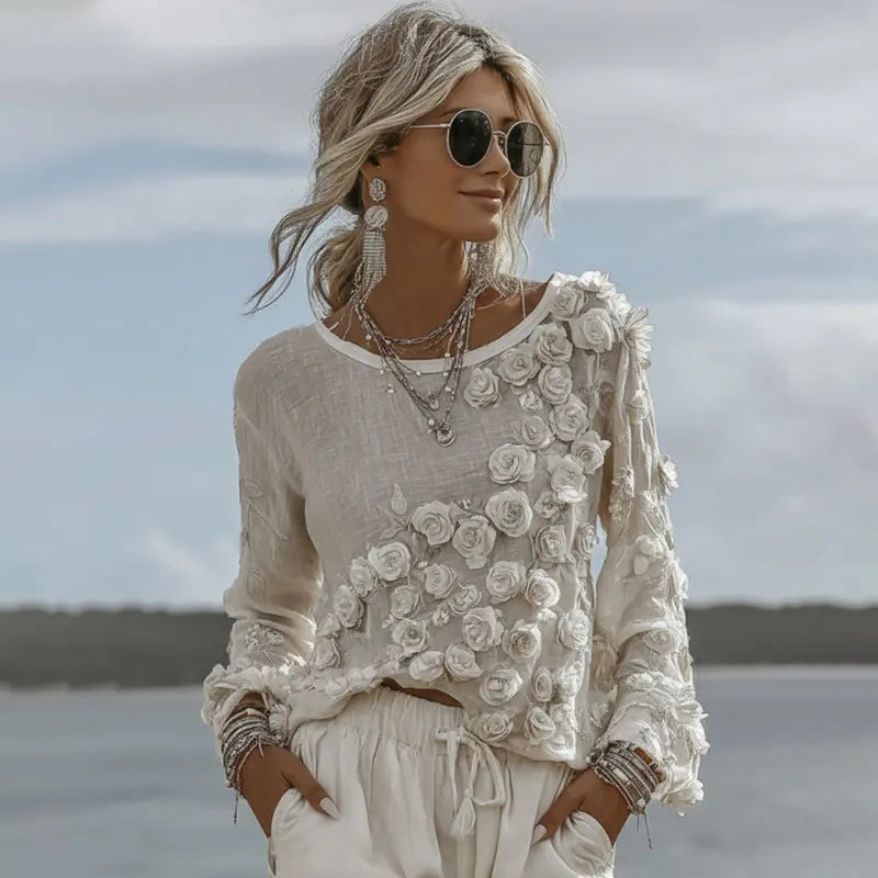 Women's Floral Embroidered Linen Crew Neck T-shirt